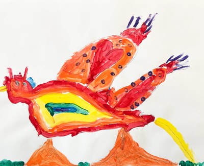 Kindermalerei – ein feuerroter Vogel mit einem Regenbogenbauch