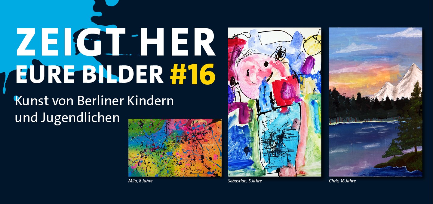 Zeigt her eure Ausstellung #16 - 3 ausgewählte Bilder der Ausstellung: 1 buntes Bild mit Farbklecksen, 1 Kinderbild der Mona Lisa, eine Berglandschaft mit Sonnenaufgang