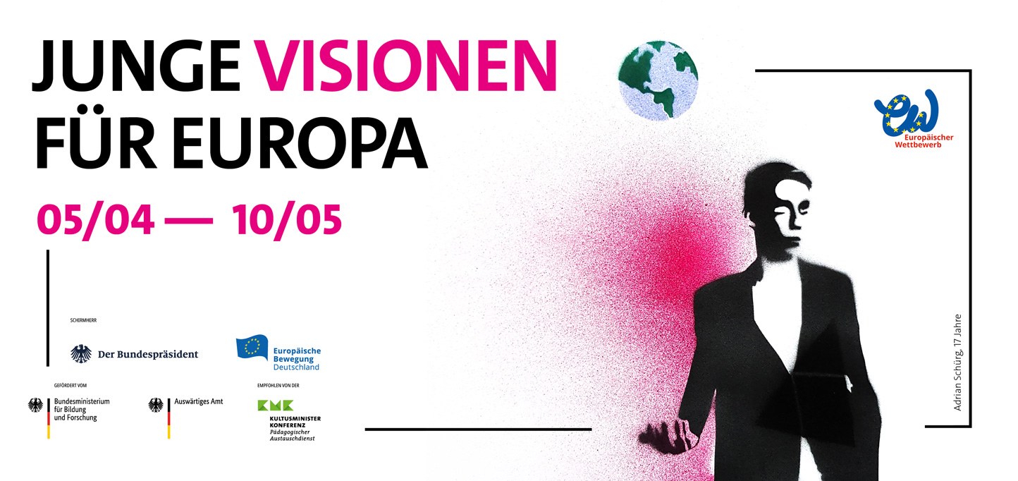 Ausstellung Junge Visionen in der Kinderkunstgalerie Ausstellung Junge Visionen in der Kinderkunstgalerie, das Motiv zeigt eine junge Fußballersilhouette in schwarz mit einem gesprähten pinken Hintergrund, er wirft die Erde als Ball in die Luft. Das Motiv stammt von Adrian Schürg.
