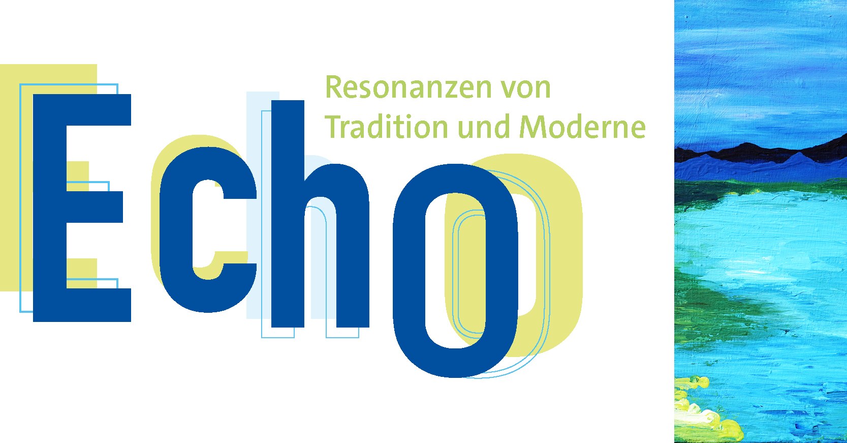 Ausstellungstitel: Echo - Resonanzenaus Tradition und Moderne, bleuer See mit Bergen im Hintergrund