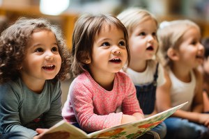7 sitzende Kleinkinder die begeistert und neugierig einer Geschichte zuhören